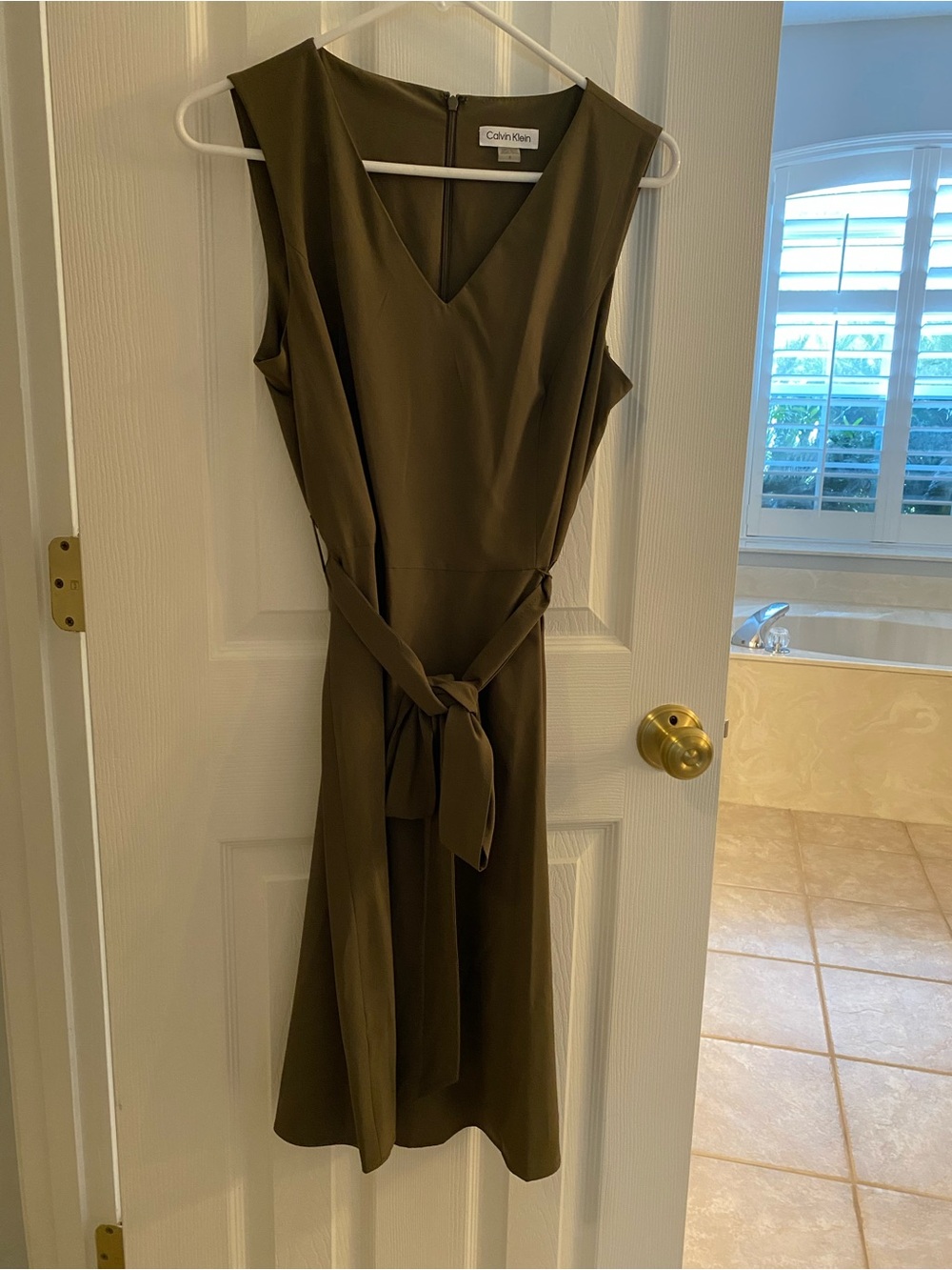 Calvin Klein Olive V-Neck Sleeveless Belted Dress